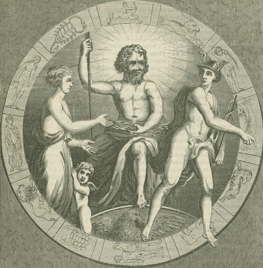 Mythological figures in a circular celestial design.